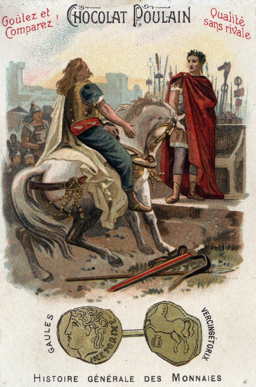 Vercingetorix (72-46 v. Chr.), Anführer des gallischen Aufstands, legt die Waffen zu Füßen von Cäsar (100-44 v. Chr.) nieder, nachdem er die Stadt Alesia endgültig verloren hat - In Allgemeine Geschichte der Münzen - Schokoladen-Fohlen Chromolithographie d von Unknown artist