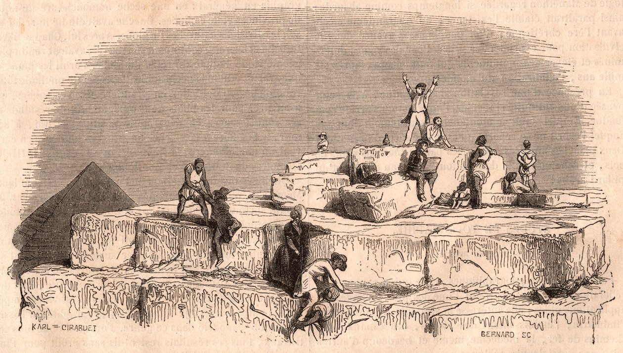 Ansicht vom Gipfel der Großen Pyramide von Khufu: eine Gruppe von Europäern erreicht den Gipfel mit Hilfe von Ägyptern von Unknown