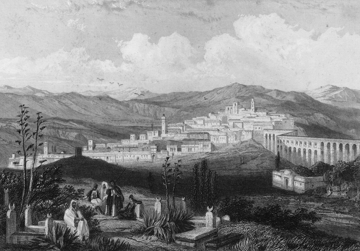 Ansicht von Medeah, antike römische Festung, in Algerien im 19. Jahrhundert. In „L