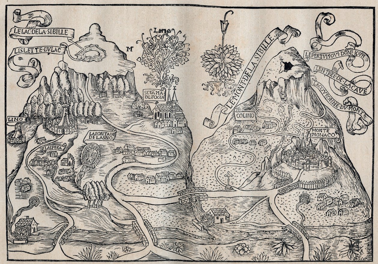 Ansicht des Mount Sibille (Paradies der Königin Sybille) (Doppelte Karte des Mount Pilatus und Mount Sibyl) - Antoine de La Sale (La Salle) französischer satirischer Schriftsteller des 15. Jahrhunderts von Unknown artist