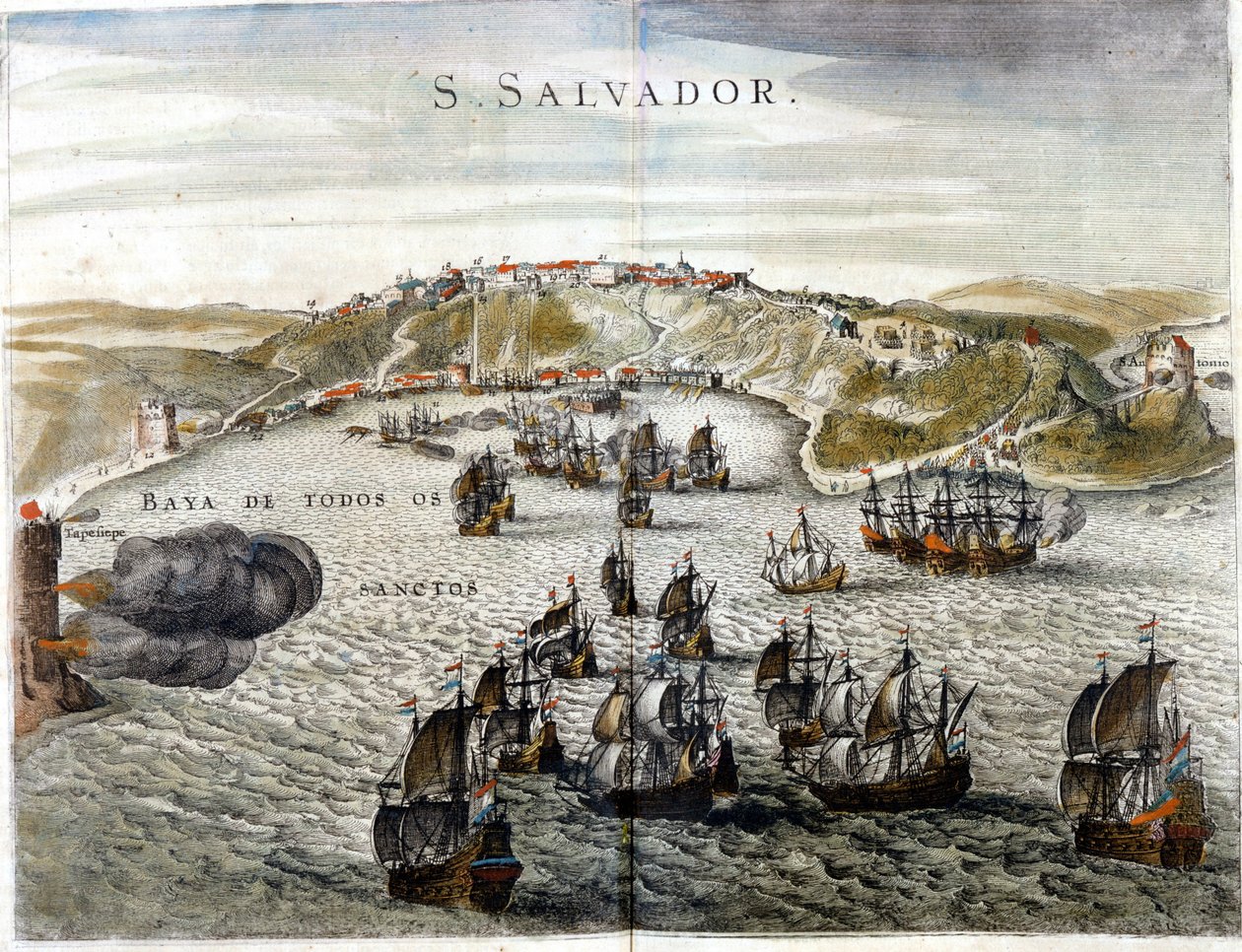 Ansicht von Salvador, früher bekannt als Bahia, Hauptstadt von Brasilien im Jahr 1549, als es gegründet wurde - Gravur aus dem 16. Jahrhundert von Unknown artist