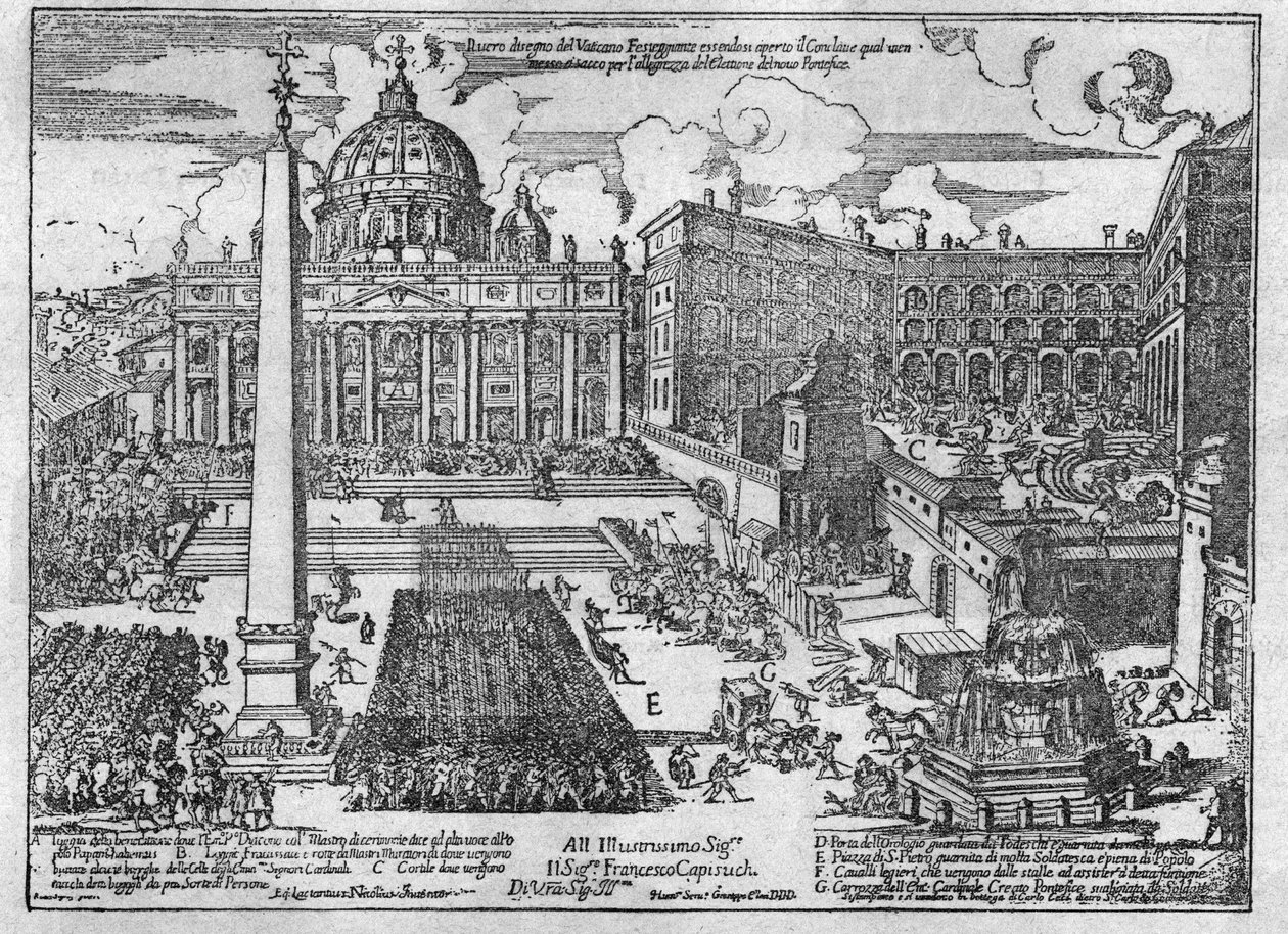 Ansicht des Petersplatzes während eines Konklaves zur Wahl eines neuen Papstes: die Menge verwüstete den Platz: es war eine Tradition: die Menge rannte, zum Zeitpunkt der Bekanntgabe der Wahl des neuen Papstes, zum Haus des gewählten Kardinals und verwüste von Unknown artist