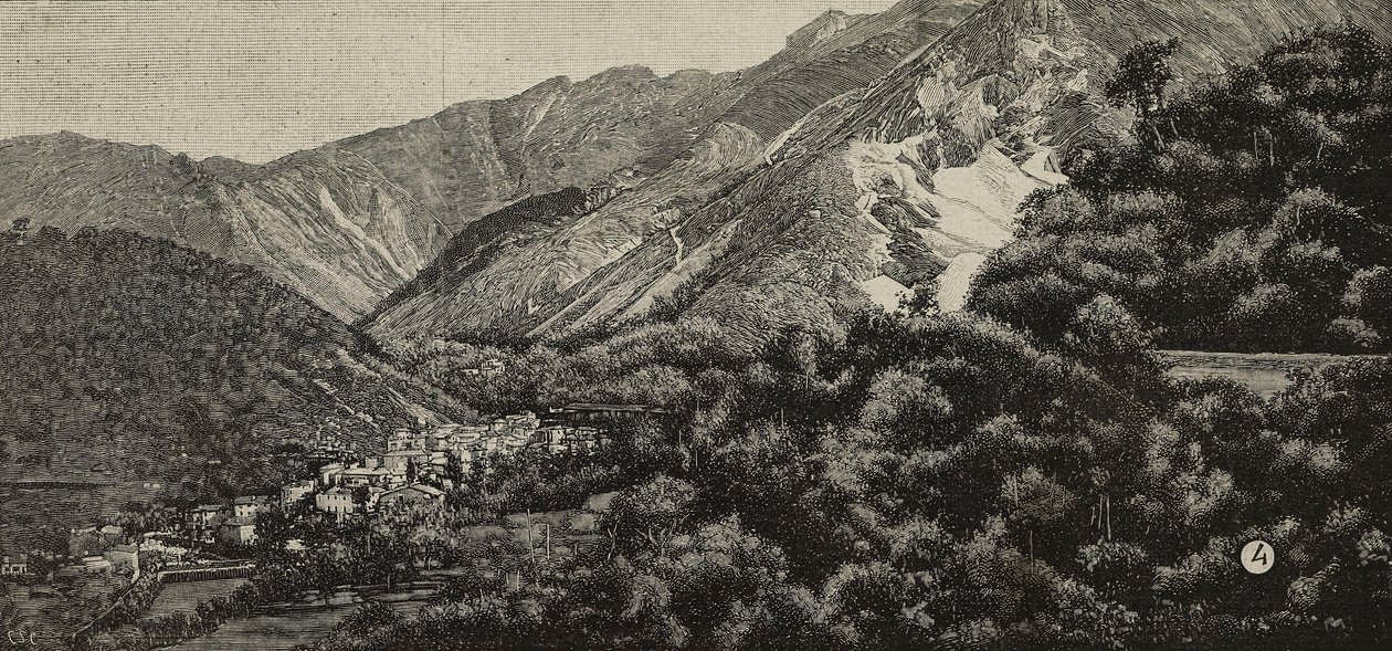 Ansicht von Torano bei Carrara, Italien, im Hintergrund ein Marmorbruch, Gravur nach einem Foto von A Noak aus L