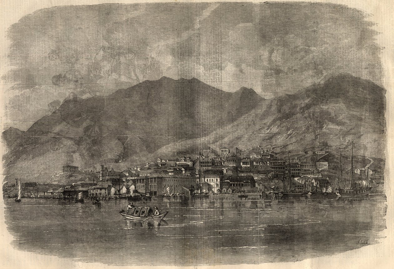 Ansicht der Stadt Victoria in Hongkong. Gravur in „The Illustrated London News“ vom 14. März. von Unknown artist
