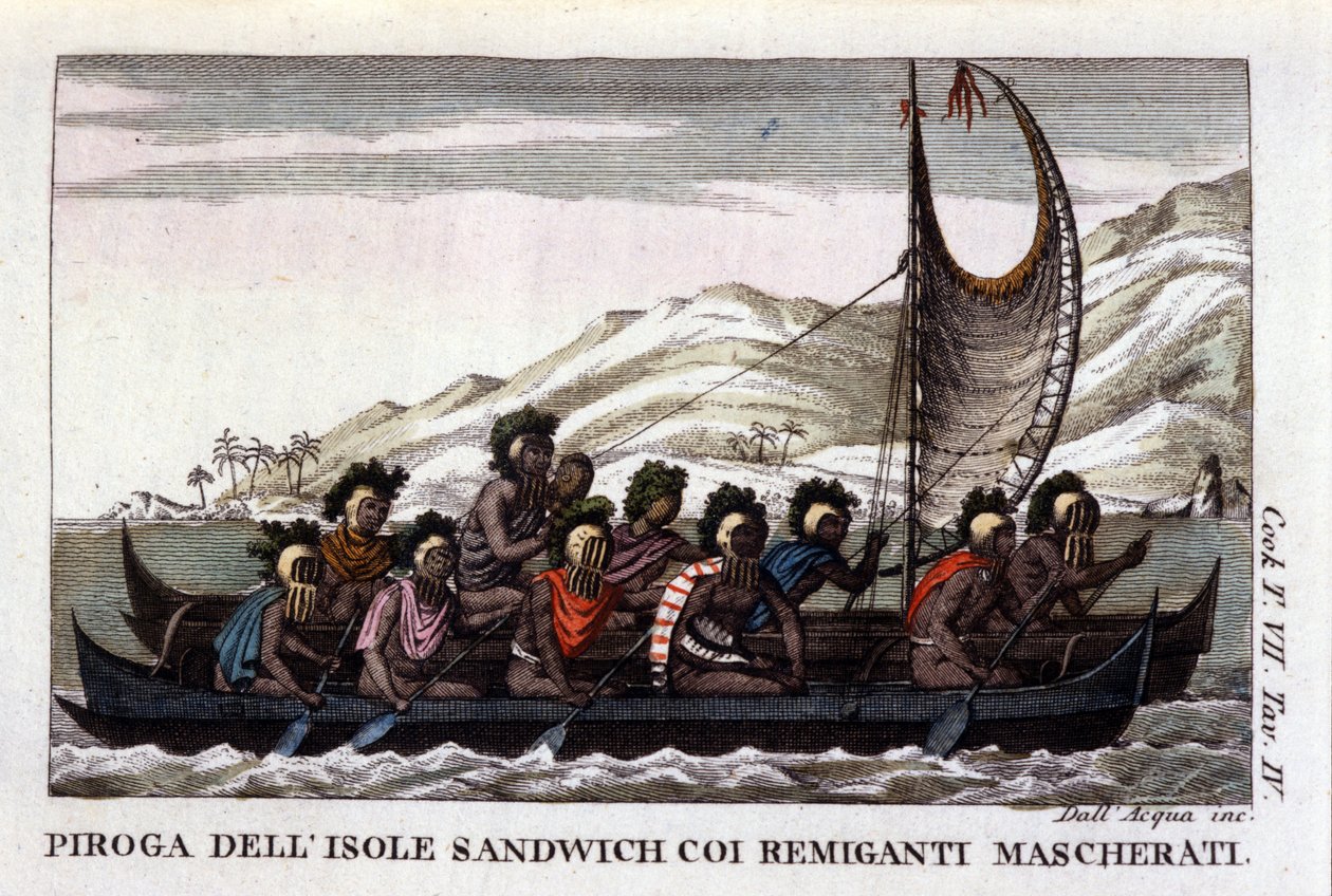Ansicht eines Kanus mit Segeln von den Hawaii-Inseln in Polynesien, die Besatzung trägt typische Masken. Lithografie aus dem frühen 19. Jahrhundert von Unknown artist