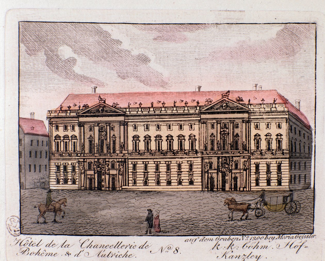 Ansicht des Hotels der Kanzlei von Böhmen und Österreich in Wien, Österreich. Gravur von 1815 von Unknown artist