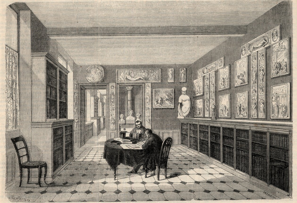 Ansicht der Victor-Cousin-Bibliothek an der Sorbonne-Universität in Paris. Gravur in „L