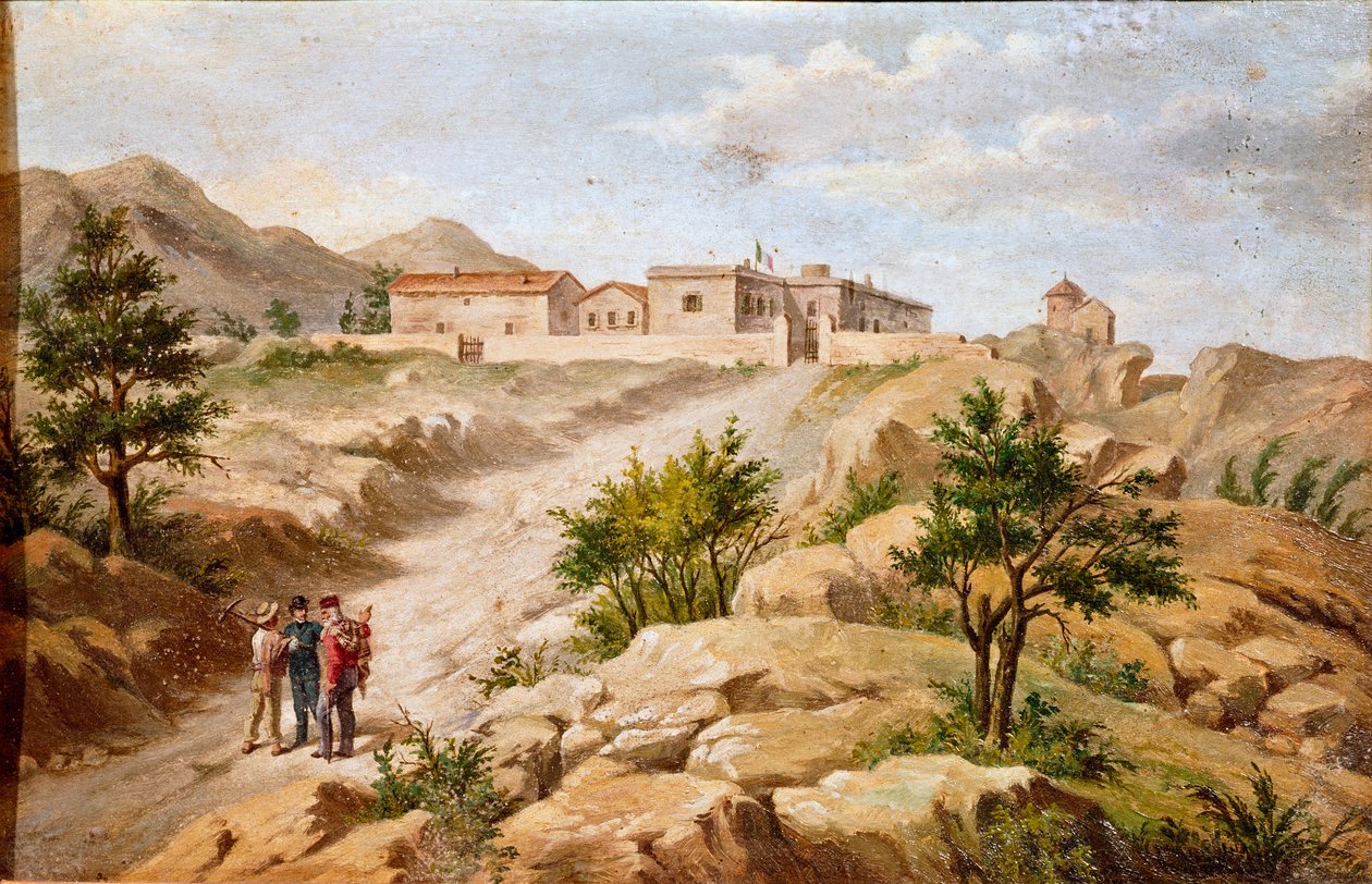Ansicht des Hauses des italienischen Patrioten und Helden des Risorgimento Giuseppe Garibaldi (1807-1882) in Caprera (Sardinien) Garibaldi ist mit zwei Bauern links im Bild von Unknown artist