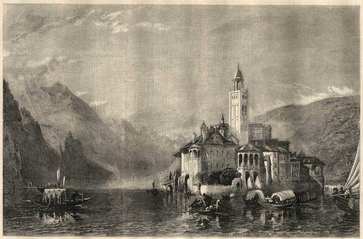 Ansicht des Klosters Mater Ecclesiae auf der Insel San Giulio am Ortasee in Italien. Gravur nach einem Gemälde von William Collingwood Smith (1815-1887). In „The Illustrated London News“ vom 22. März. von Unknown artist