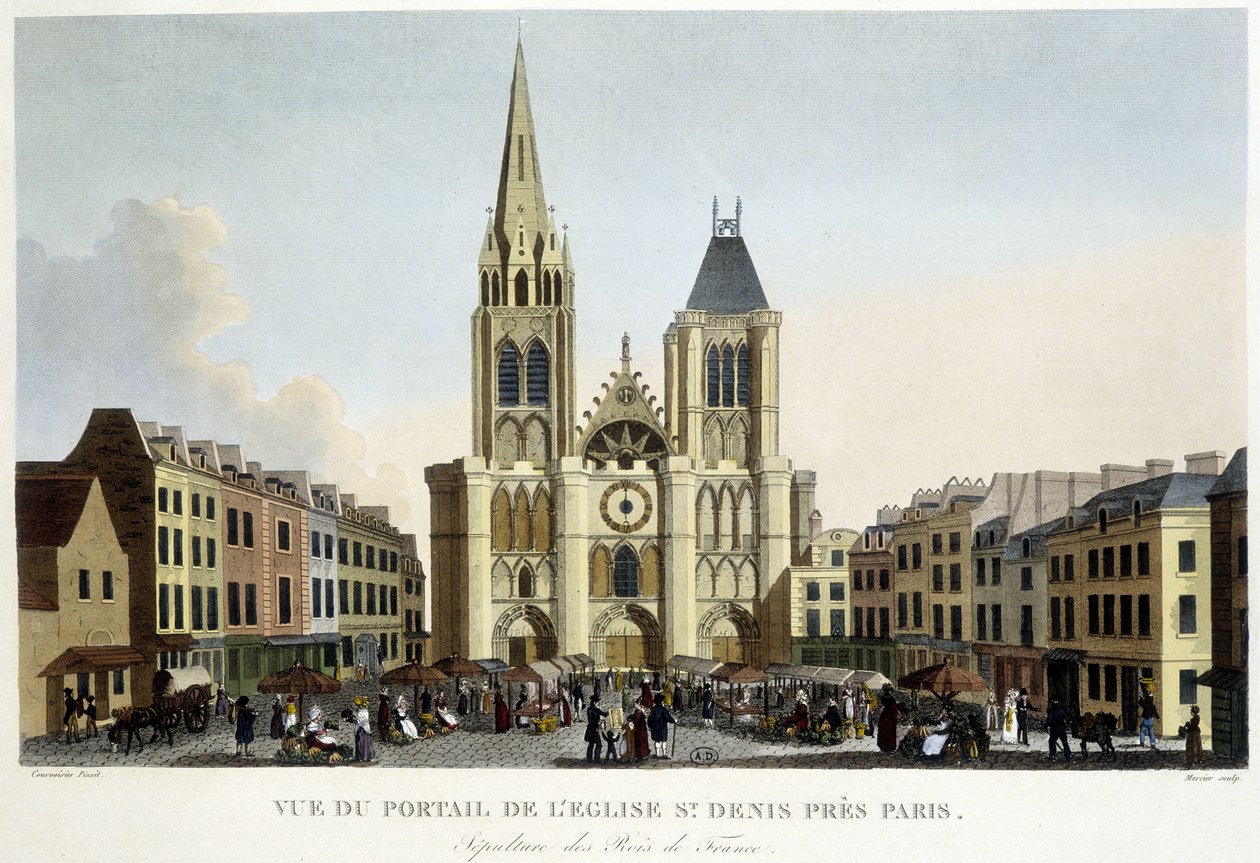 Ansicht des Portals der Kirche von St. Denis, nahe Paris, Begräbnisstätte der Könige von Frankreich, und Markt auf dem Platz - in „Paris par Courvoisier“ von Unknown artist