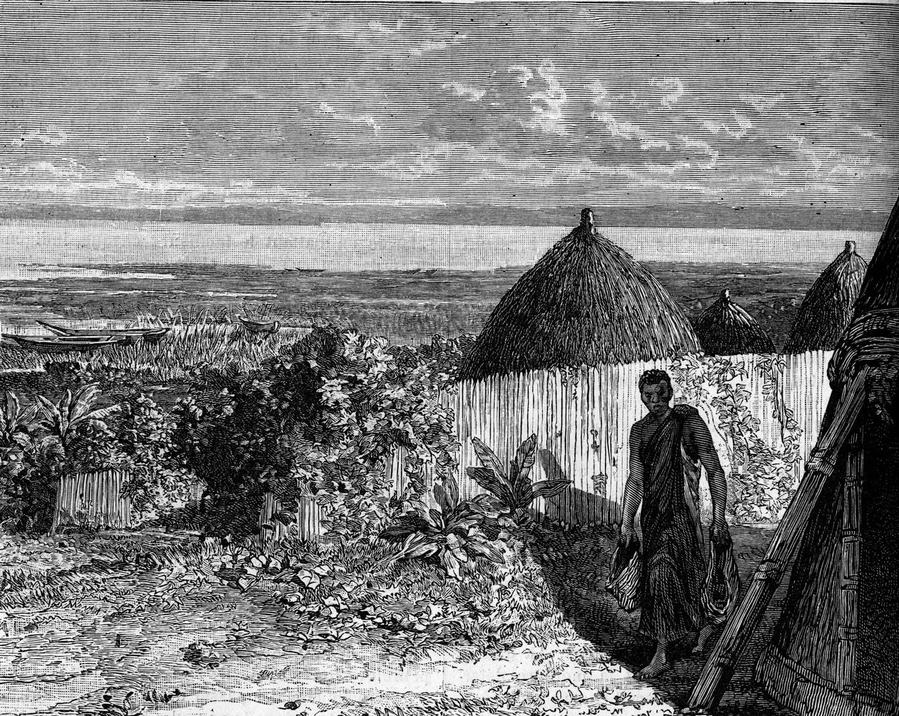 Dorf am Ufer des Albertsees (oder Albertsee), Afrika. Gravur in „Le Journal de la jeunesse“ von Unknown artist
