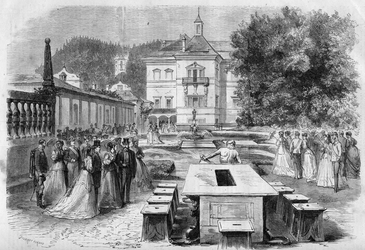 Besuch von Kaiser Franz Joseph und Kaiserin Elisabeth von Österreich mit Eugénie, Kaiserin der Franzosen, und Napoleon III. in der kaiserlichen Residenz von Hellbrunn in Österreich am 21. August. von Unknown artist