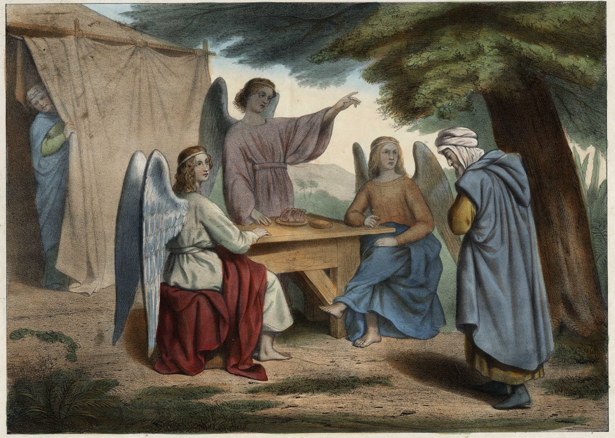 Besuch der drei Engel bei Abraham: Abraham erfährt, dass seine Frau Sarah (im Hintergrund), bereits sehr alt, ihm bald einen Sohn gebären wird. Anonyme Gravur aus der Mitte des 19. Jahrhunderts. von Unknown artist