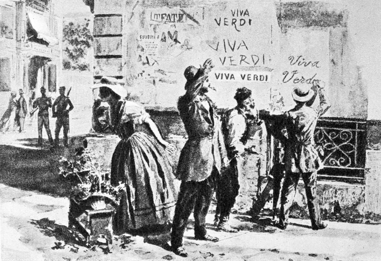 Viva Verdi: Begeisterte Inschriften für Giuseppe Verdi in Neapel (Königreich beider Sizilien) unter der österreichischen Besatzung 1859, nach dem Verbot seiner Oper „Un Ballo in maschera“ (V.E.R.D.I. = Vittorio Emanuele Re d
