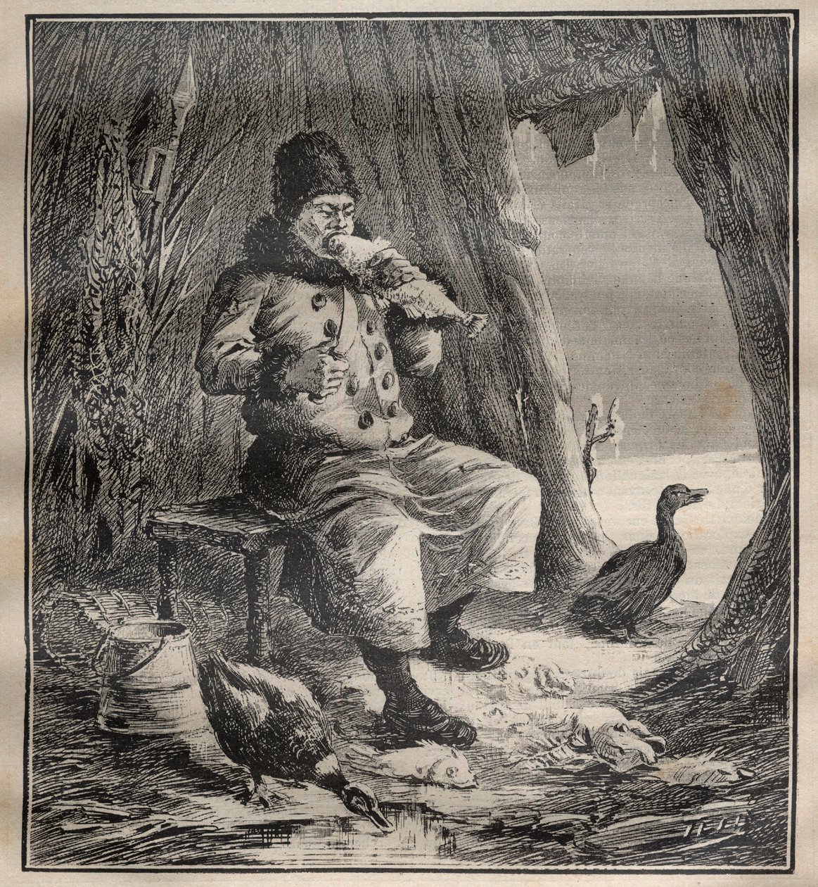 Reisen von Charles Rabot (1856-1944): Ostiak (Khanty oder Khante) aus Sibirien isst Fisch - Gravur in „La Science francaise“ von Unknown artist
