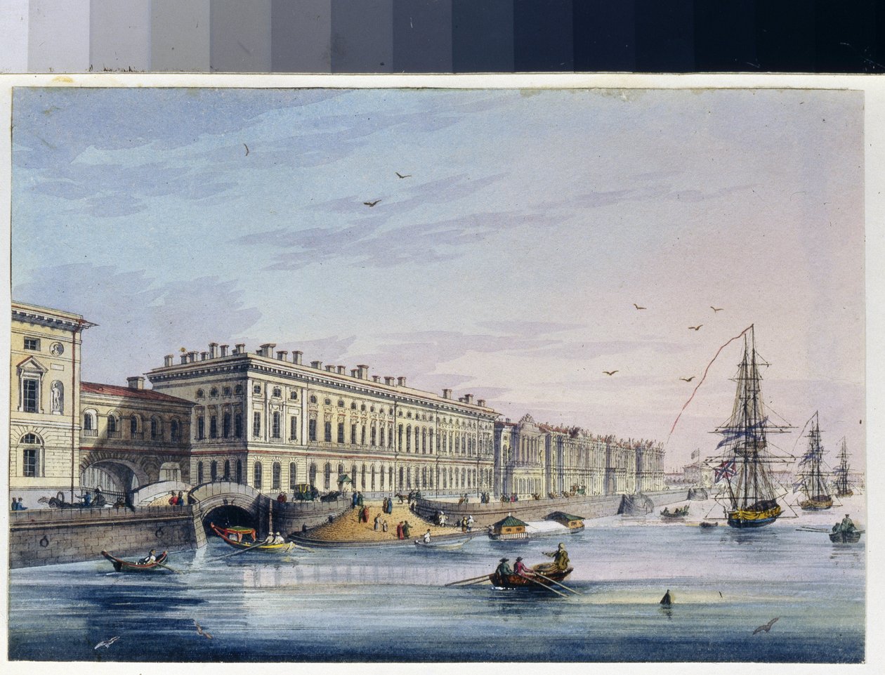 Ansicht des Kaiserkai in Sankt Petersburg (Russland). (Aus dem Album von Marie Taglioni). Anonymes Werk, Gravur mit Aquarell, um 1840. 19. Jahrhundert, Klassizismus. Staatliches Museum A. S. Puschkin, Moskau. von Unknown artist