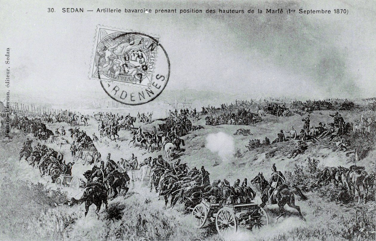 Krieg von 1870: Bayerische Artillerie nimmt Stellung von den Höhen der Marfe in den Ardennen am 01.09.1870. Gravur von 1870 von Unknown artist