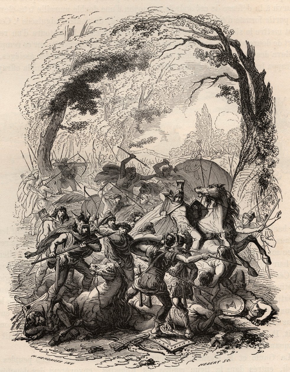 Gallischer Krieg: Schlacht von Aduatuca zwischen dem belgischen Volk der Eburonen und der römischen Armee. Niederlage von Quintus Titurius Sabinus und Lucius Aurunculeius Cotta im Jahr 54 v. Chr. Gravur von 1868 in „Histoire de Belgique von den frühesten Z von Unknown artist