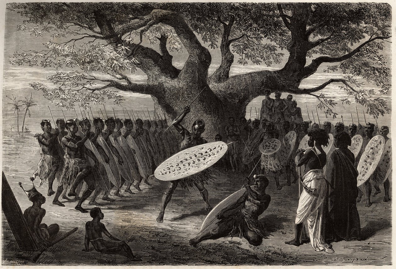 Kriegerische Übungen der Landines oder Kaffern-Zulus, eine Sena (Region des Sambesi-Flusses, Mosambik). Gravur zur Illustration von Dr. Livingstones ersten Reisen nach Südafrika von 1840 bis 1856, in „Le tour du monde, nouveau journal des voyages“, herausg von Unknown artist