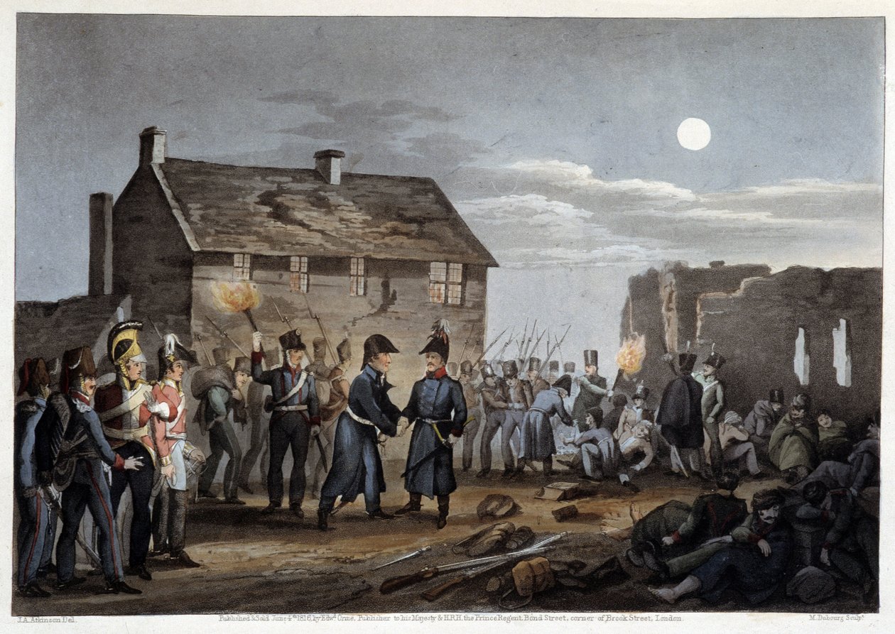 Wellington und Blücher treffen sich zufällig in Waterloo - in „Historische, militärische und marine Anekdoten und Vorfälle, die bei den Armeen von Britannien und ihren Verbündeten bis Waterloo auftraten“ von Edward Orme, ill. von Atkinson, London von Unknown artist