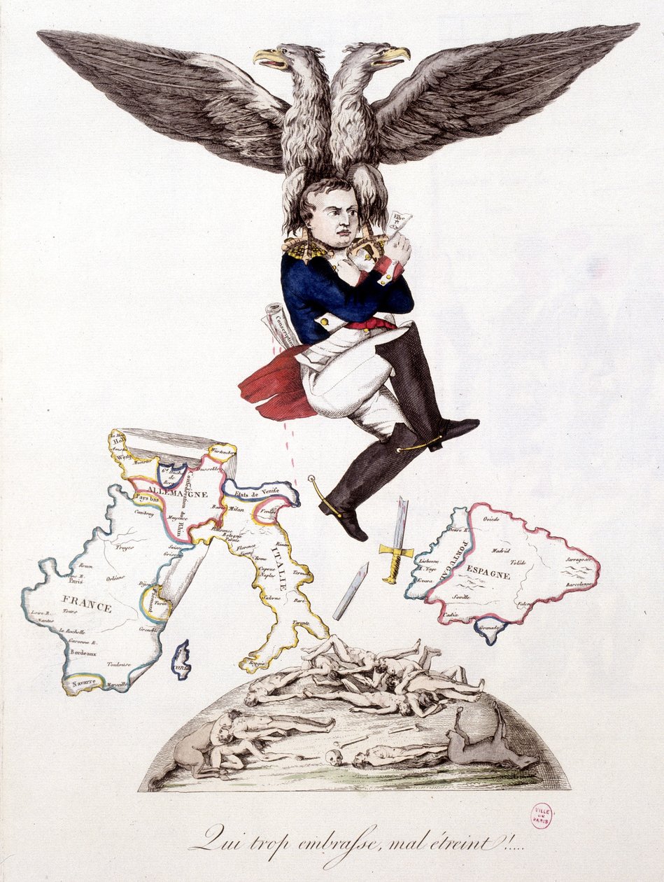 Wer zu viel umarmt, umarmt schlecht: Nach dem Todesschrecken in ganz Europa schließt sich Napoleon der Insel Elba an, getragen von einem Adler - in „Napoleon 1., Karikaturen, Dummysammlung“, ca. 1814 von Unknown artist