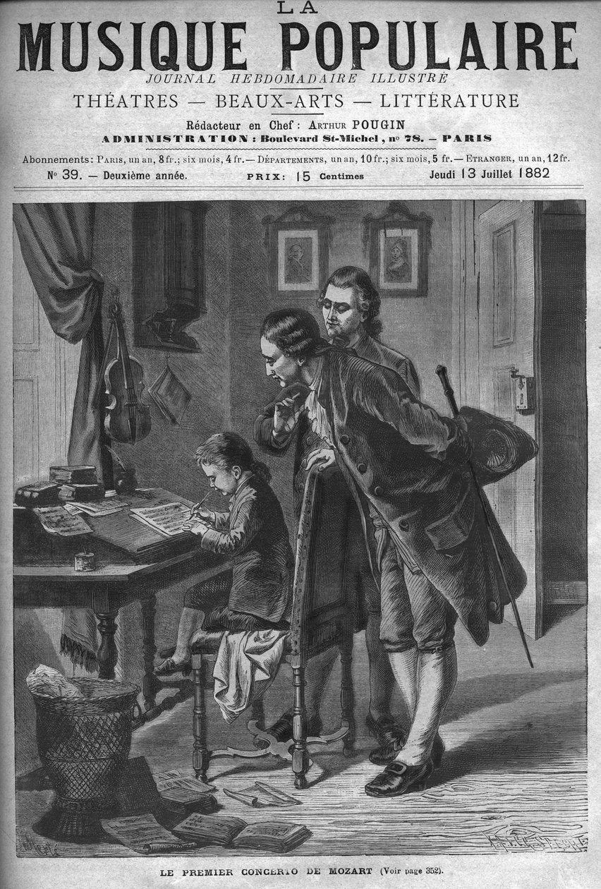 Wolfgang Amadeus Mozart schreibt ein Konzert für Cembalo in Anwesenheit seines Vaters Leopold und Andreas Schachtner 1762 - Gravur in „La musique populaire“ illustrierten Wochenzeitung - 1882 von Unknown artist