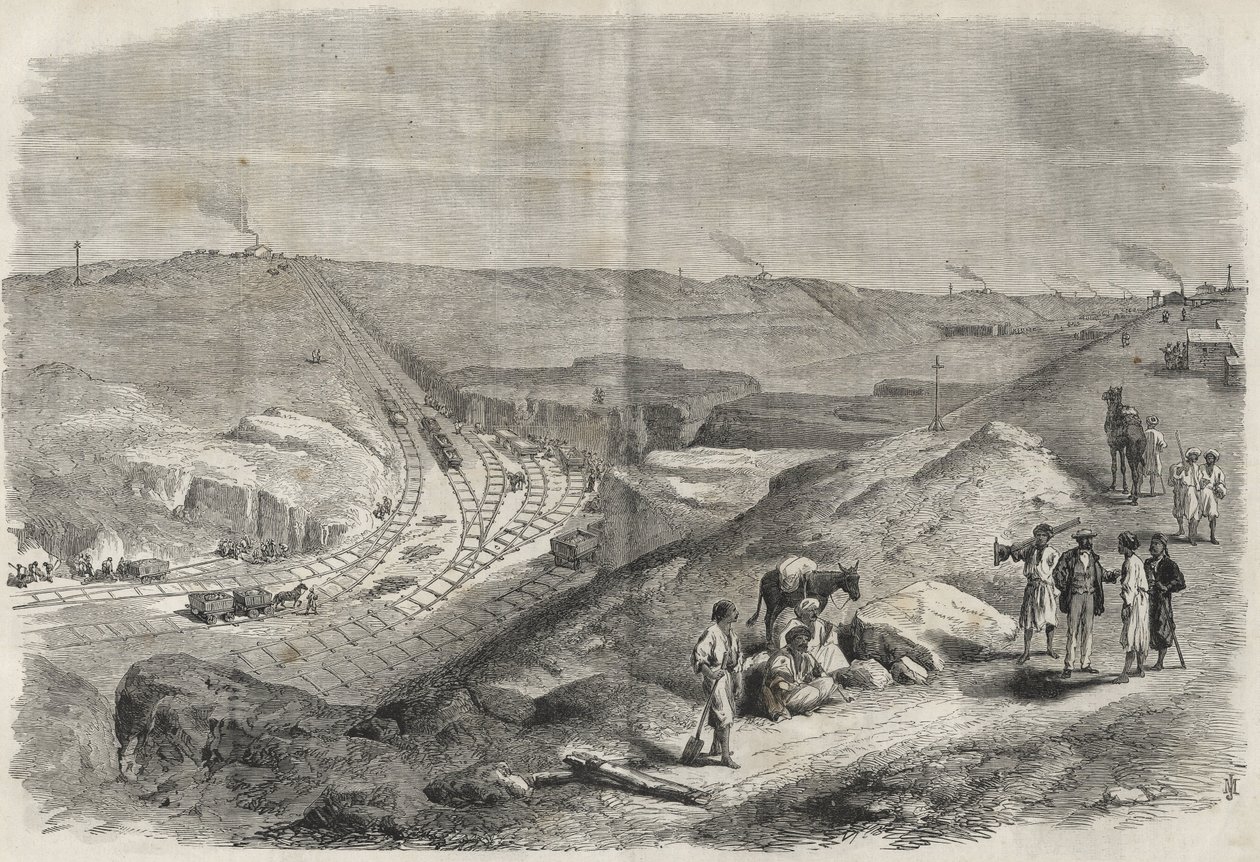 Arbeiten am Suezkanal 1864 - Baustelle und Bohrarbeiten am Suezkanal 1864 (Chaluf Tranchee) von Unknown artist
