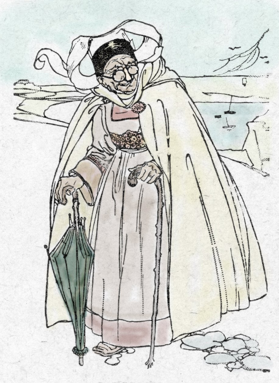 Erster Weltkrieg: ein deutscher Spion verkleidet als alte Frau aus der Vendée, mit einem Regenschirm-Teleskop und einem Stock, der Fotos macht von Unknown Artist