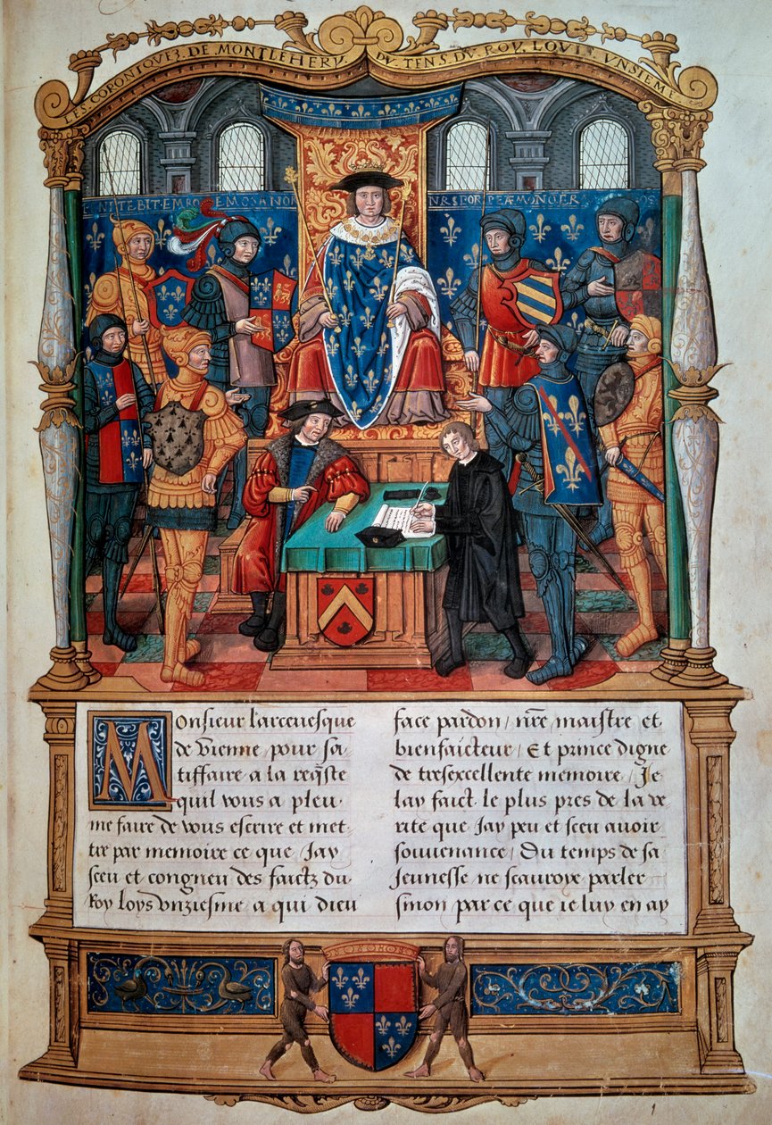 Schreiben einer Biografie: „Philippe de Comines (Comynes oder Comines) (1447-1511) diktiert seine Memoiren vor Ludwig XI.“ Miniatur aus „Memoires de Philippe de Comynes“ 1489-1498 Paris, B.N. von Unknown artist