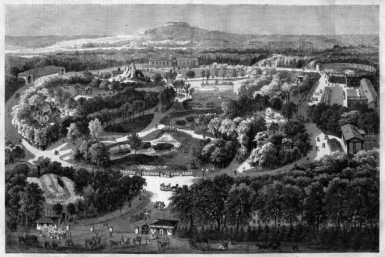 Gesamtansicht des Akklimatisierungsgartens im Bois de Boulogne, angeboten und eingeweiht von Napoleon III im Jahr 1860, kombiniert Natur, üppige Flora und exotische Tiere, in l
