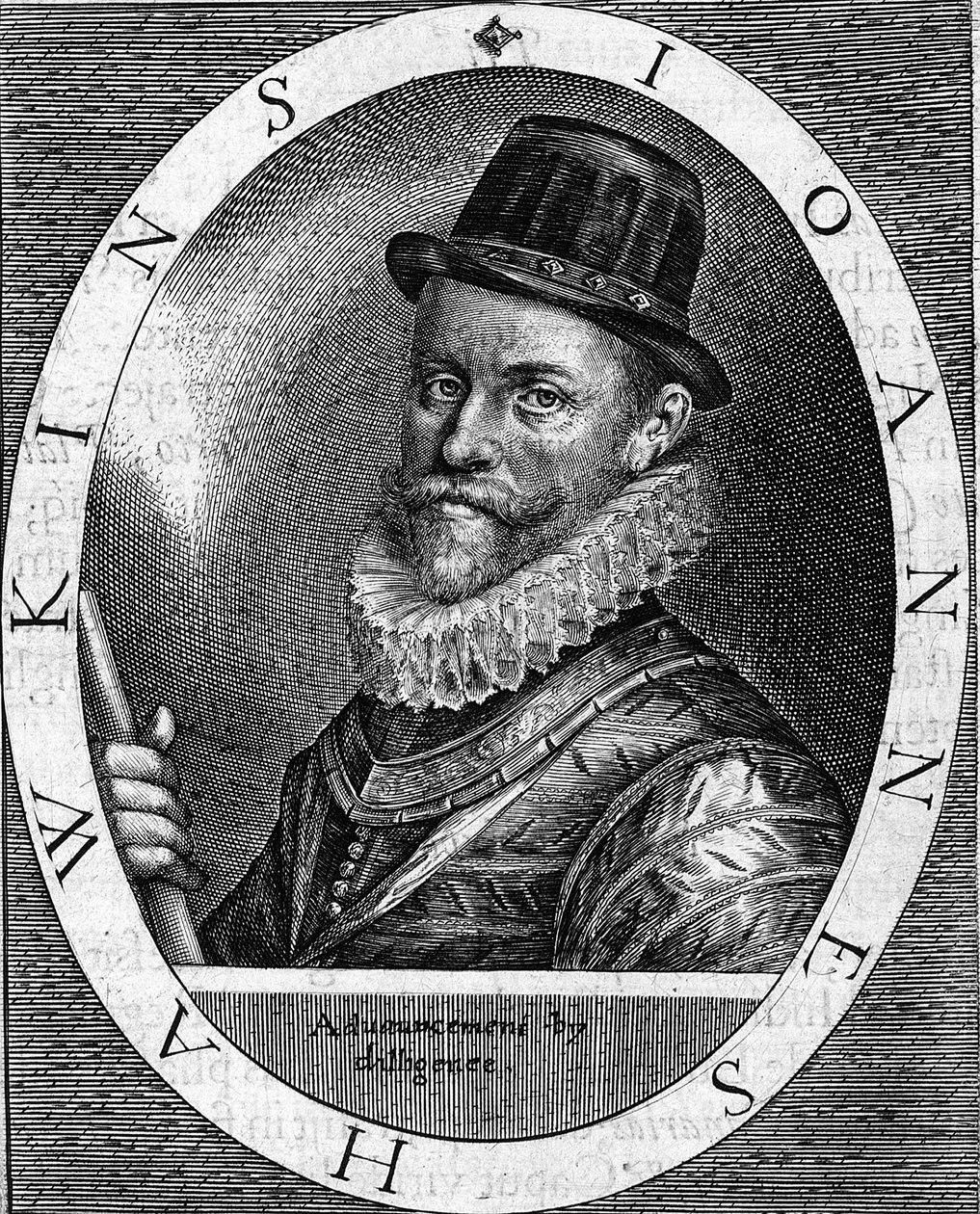 Porträt von Sir John Hawkins (Hawkyns) Englischer Admiral (1532-1595), bekannt als erster Schwarzhändler, er unternahm mehrere Reisen, finanziert von Londoner Kaufleuten, zwischen Afrika und Amerika. Gravur von 1620 von Unknown artist