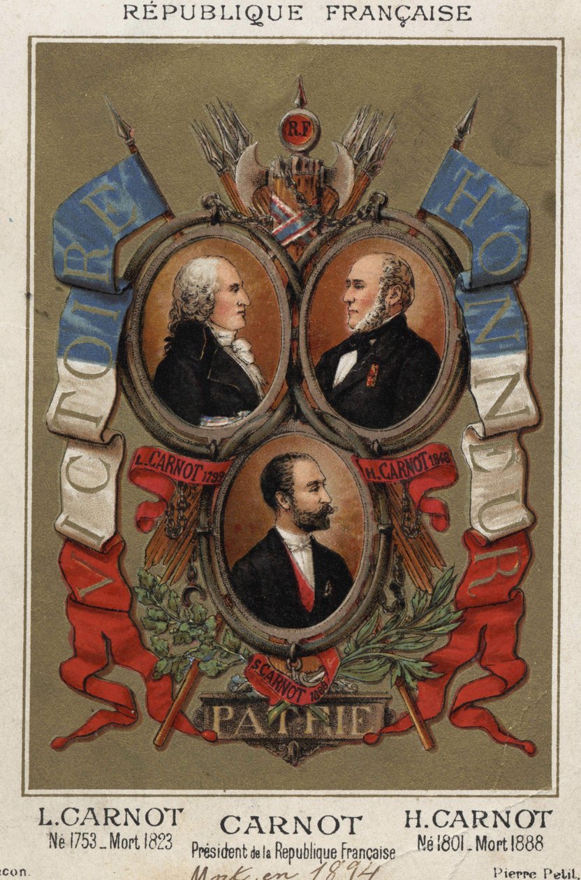Porträts von Lazare Carnot französischer Politiker (1753-1823), Hyppolite Carnot (1801 bis 1888) und Sadi Carnot Präsident der französischen Republik. von Unknown artist