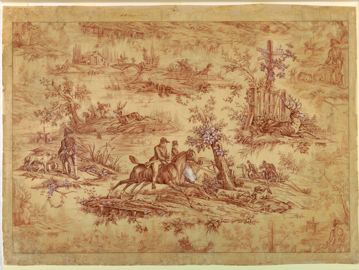 Zeichnung, Cartoon für bedruckten Baumwollstoff, La Route de Jouy, nach 1815 von Unknown artistUnknown artist