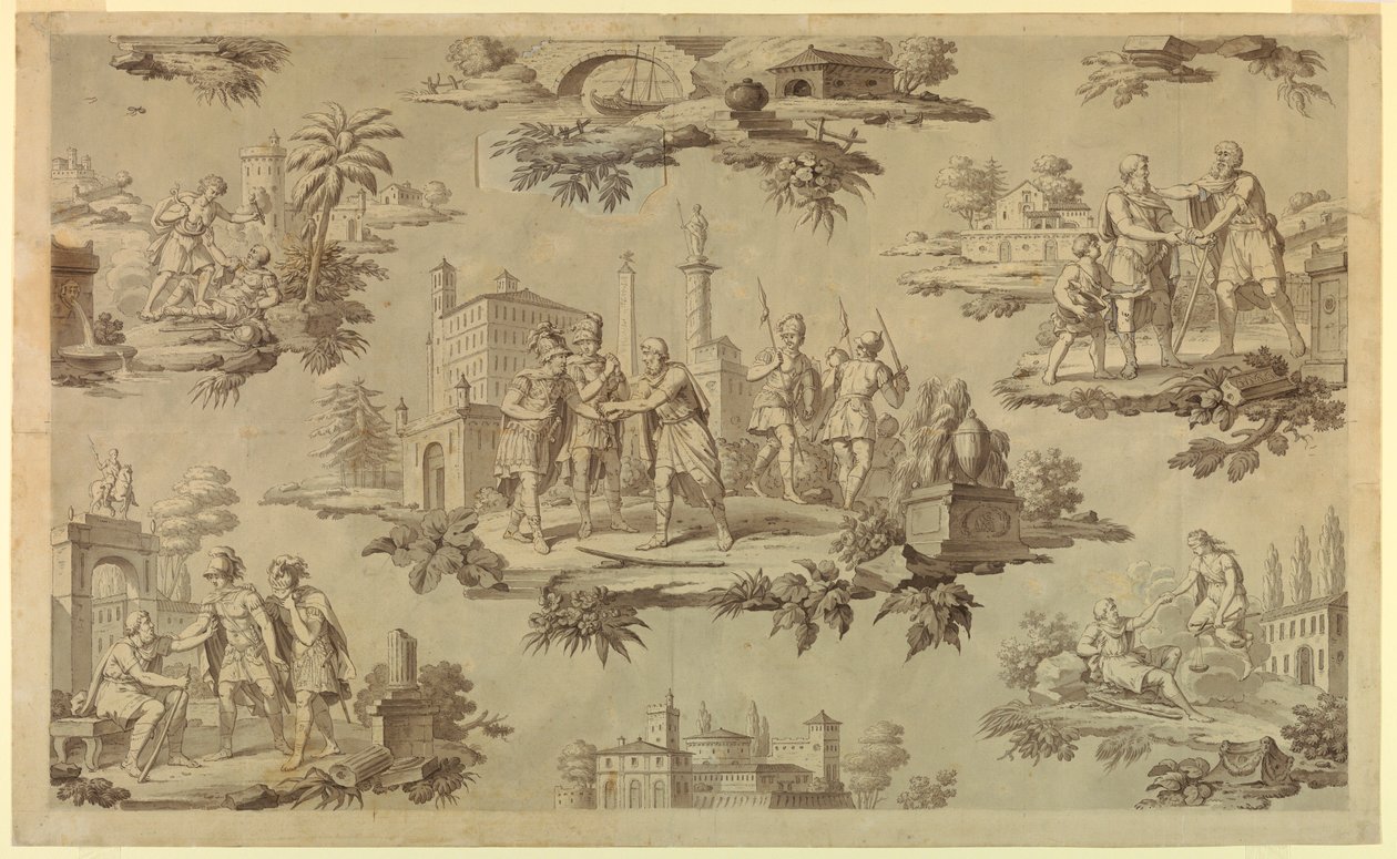 Zeichnung, Cartoon für Baumwoll-Druck: Das Leben des Belisaire [La Vie de Bélisaire], ca. 1820 von Unknown artistUnknown artist
