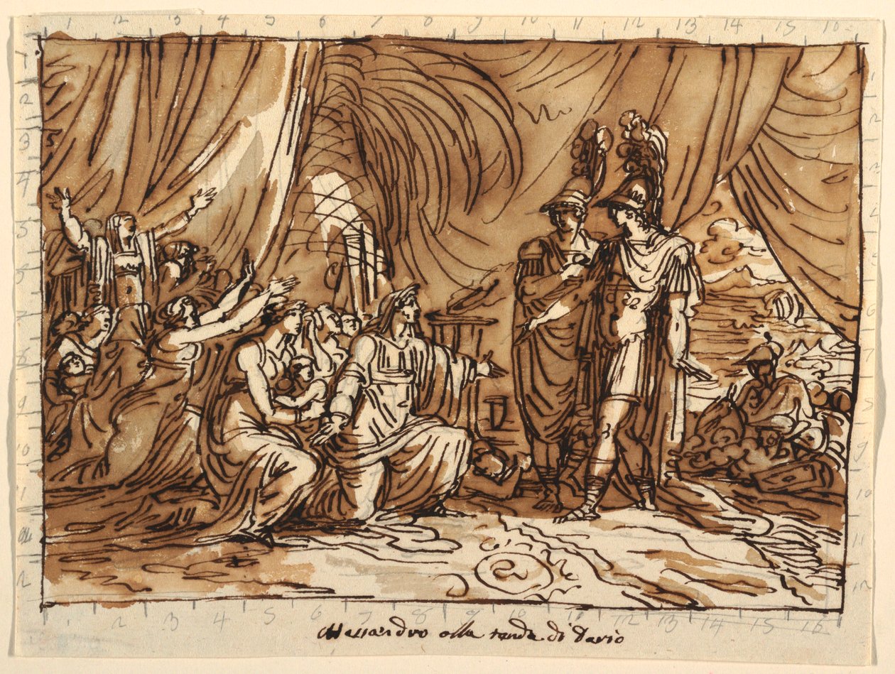 Zeichnung, Deckengestaltung, Alexander und die Familie des Darius, die Milde Alexanders, Sala di Alessandro, Palazzo Naldi, Faenza, 1803 von Unknown artistUnknown artist