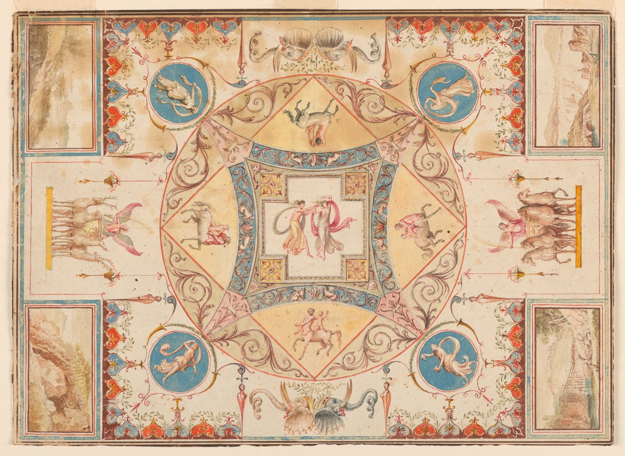 Zeichnung, Decke in der Villa Hadrians, mit Nymphen, Zentauren, Hirschen und Elefanten, ca. 1785 von Unknown artistUnknown artist