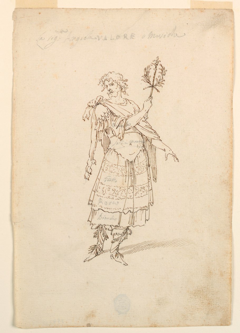 Zeichnung, Kostümentwurf: Tapferkeit und Musik für ein Ballett, ca. 1720 von Unknown artistUnknown artist