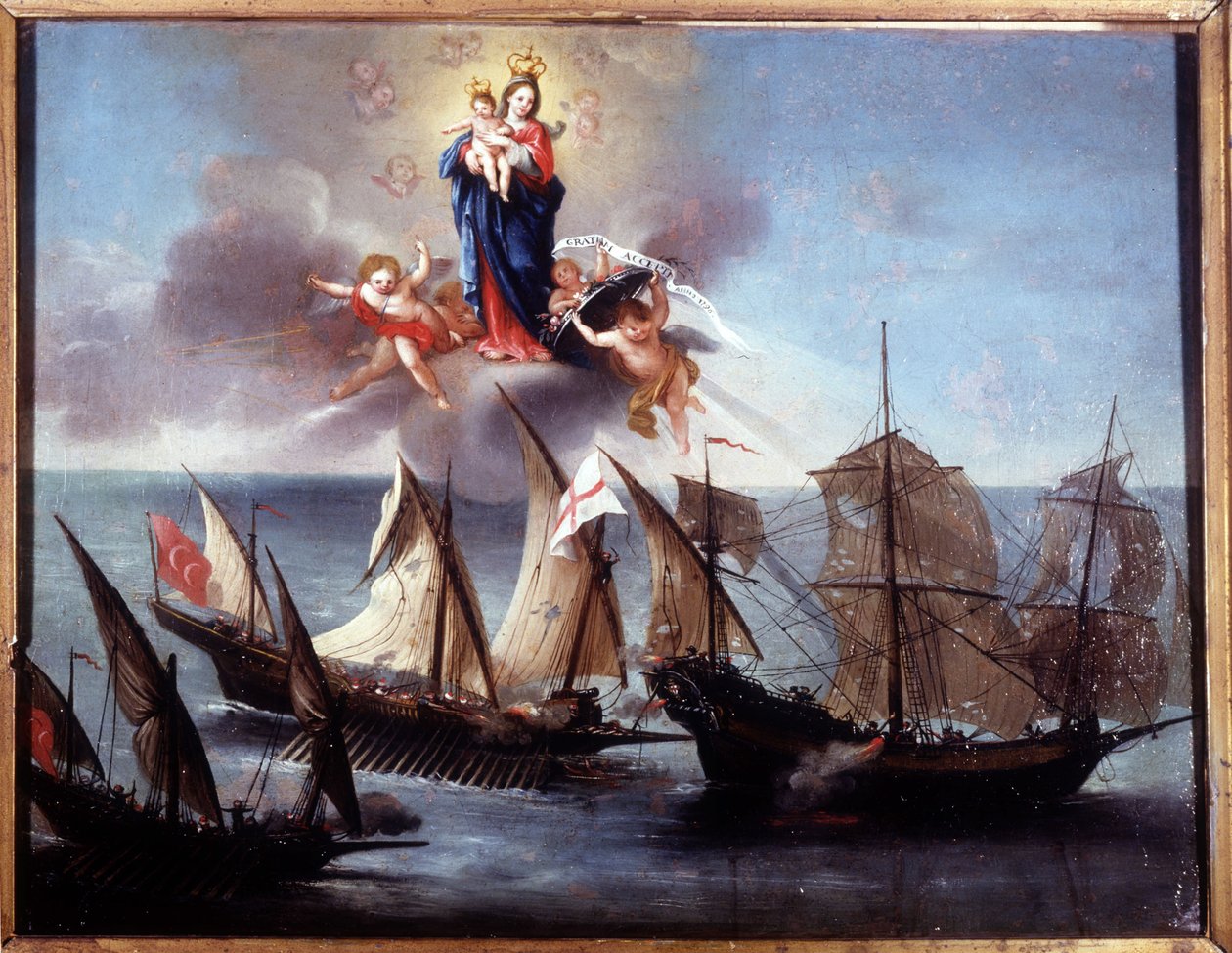 Ein Genueser Boot wird von einer Galeere und einer barbarischen Halb-Galeere angegriffen. Ex-voto 1796. Museo navale di Genova-Pegli von Unknown artist