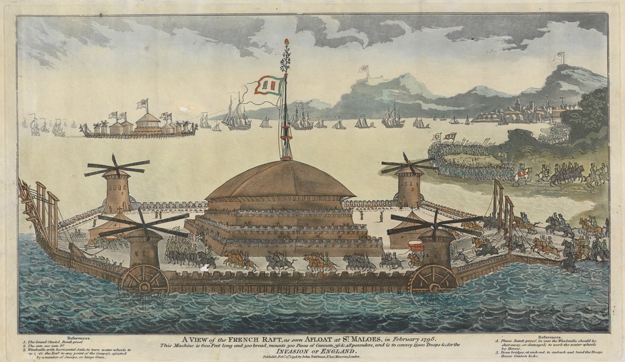 Ansicht des französischen Floßes, wie es im Februar 1798 in St. Maloes schwimmt. Die Maschine ist 600 Fuß lang und 300 breit, trägt 500 Kanonen, 36 & 48 Pfund, und soll 15.000 Truppen für die Invasion Englands transportieren. von Unknown artist
