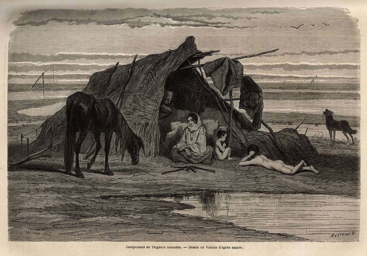 Ein Lager von nomadischen Zigeunern in den Ebenen Nordbosniens. Gravur zur Illustration der Reiseerinnerungen unter den südlichen Slawen, von Georges Perrot, 1868, veröffentlicht in "Le tour du monde" 1870-1871, herausgegeben von Edouard Charton, Hachette, von Unknown artist