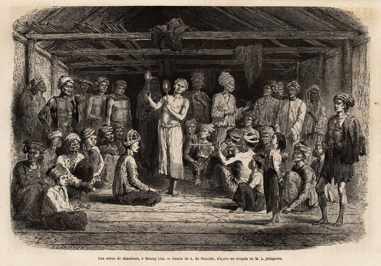 Ein Konzert von Sängern, ein Muong Lim (Laos), lebhafte Musik und Rhythmus gesungen von einem Solisten und im Chor wiederholt, alle tragen die traditionelle Frisur der Mou Tsu, die lange Haare und Zöpfe unter ihrem Turban tragen. Gravur zur Illustration ei von Unknown artist