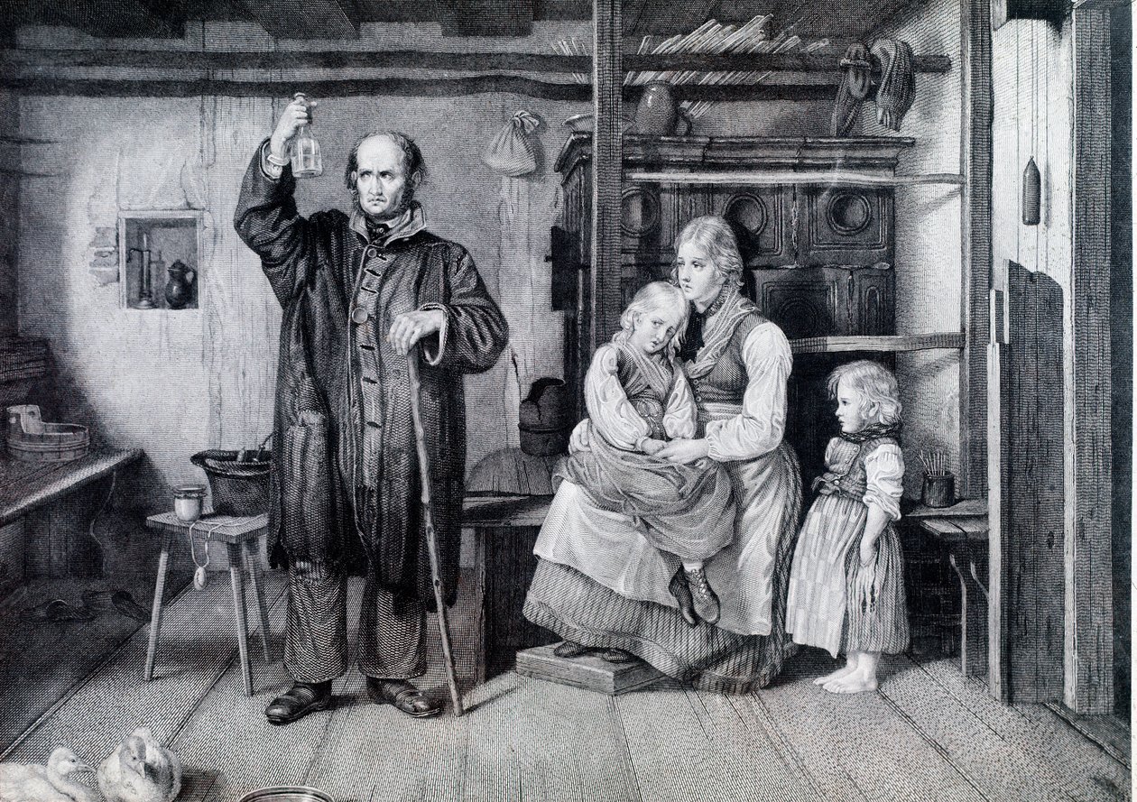 Ein Arzt untersucht eine Flasche, wahrscheinlich eine Urinflasche, während eines Besuchs bei einer Mutter und ihren zwei Kindern, die in Armut leben (Gravur) von Unknown artist