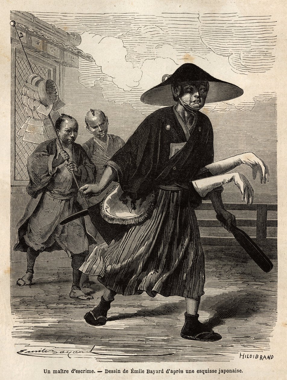 Ein Fechtmeister, gefolgt von zwei Helfern, die sein Material tragen, der Meister zieht seine weißen Handschuhe über die Ärmel seiner Schwerter. Gravur zur Illustration der Reise nach Japan, in den Jahren 1863-1864, von Aime Humbert, Minister der Schweizer von Unknown artist