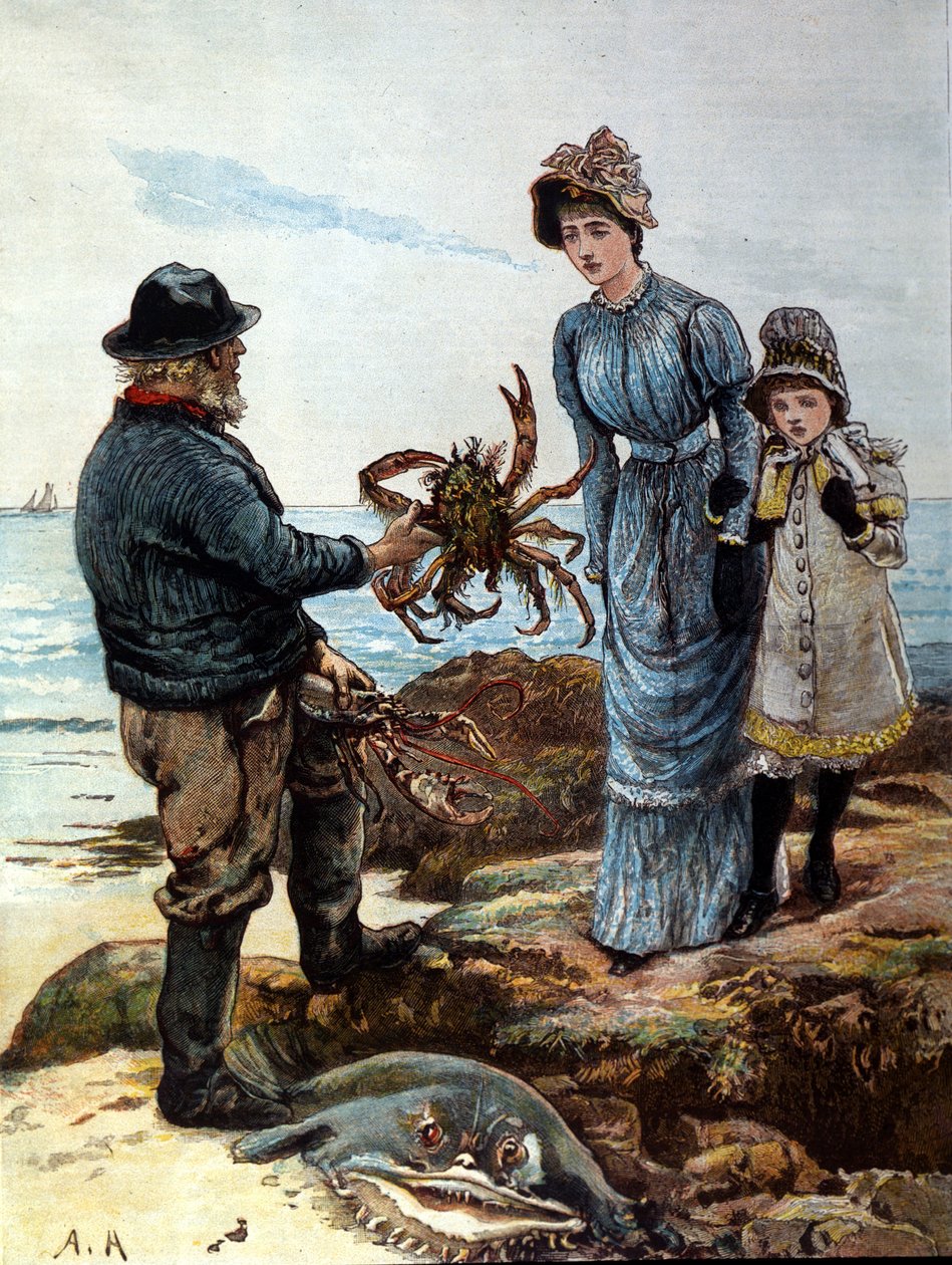 Ein Fischer zeigt einer Mutter und Tochter eine große Krabbe von Unknown artist
