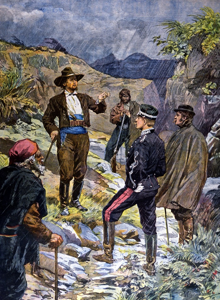 Ein Gendarm, der von einem Banditen aus Sardinien zur Rede gestellt wird. 1899. von Unknown artist