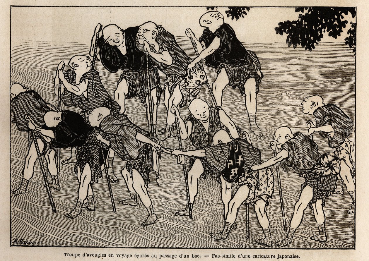 Eine Gruppe blinder Bettler am Durchgang eines Flusses; ihre Behinderung zwingt sie, sich auf Massage zu spezialisieren, sie reisen, indem sie ihre Hände geben, jeder hält einen Bergstock, der in eine Pfeife geschnitzt ist, mit deren Klang sie ihre Anwesen von Unknown artist