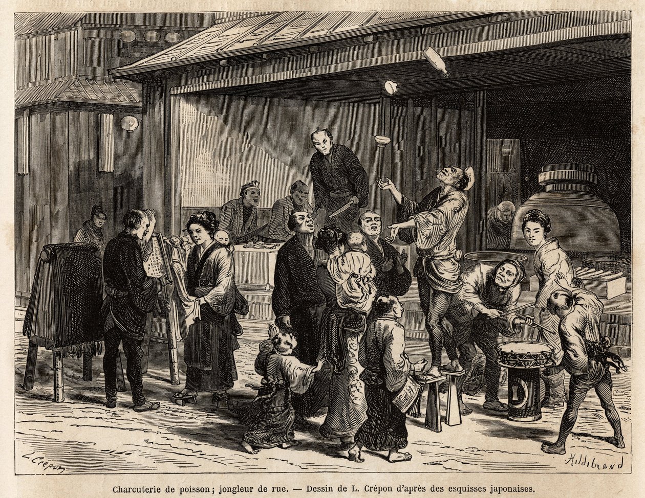 Eine lebhafte Szene einer Straße in Edo (Tokio), mit einem reisenden Jongleur vor einem Fischladen und einem billigen Stoffverkäufer. Gravur zur Illustration der Reise nach Japan, von Aime Humbert, Minister der Schweizerischen Eidgenossenschaft, 1863-1864, von Unknown artist