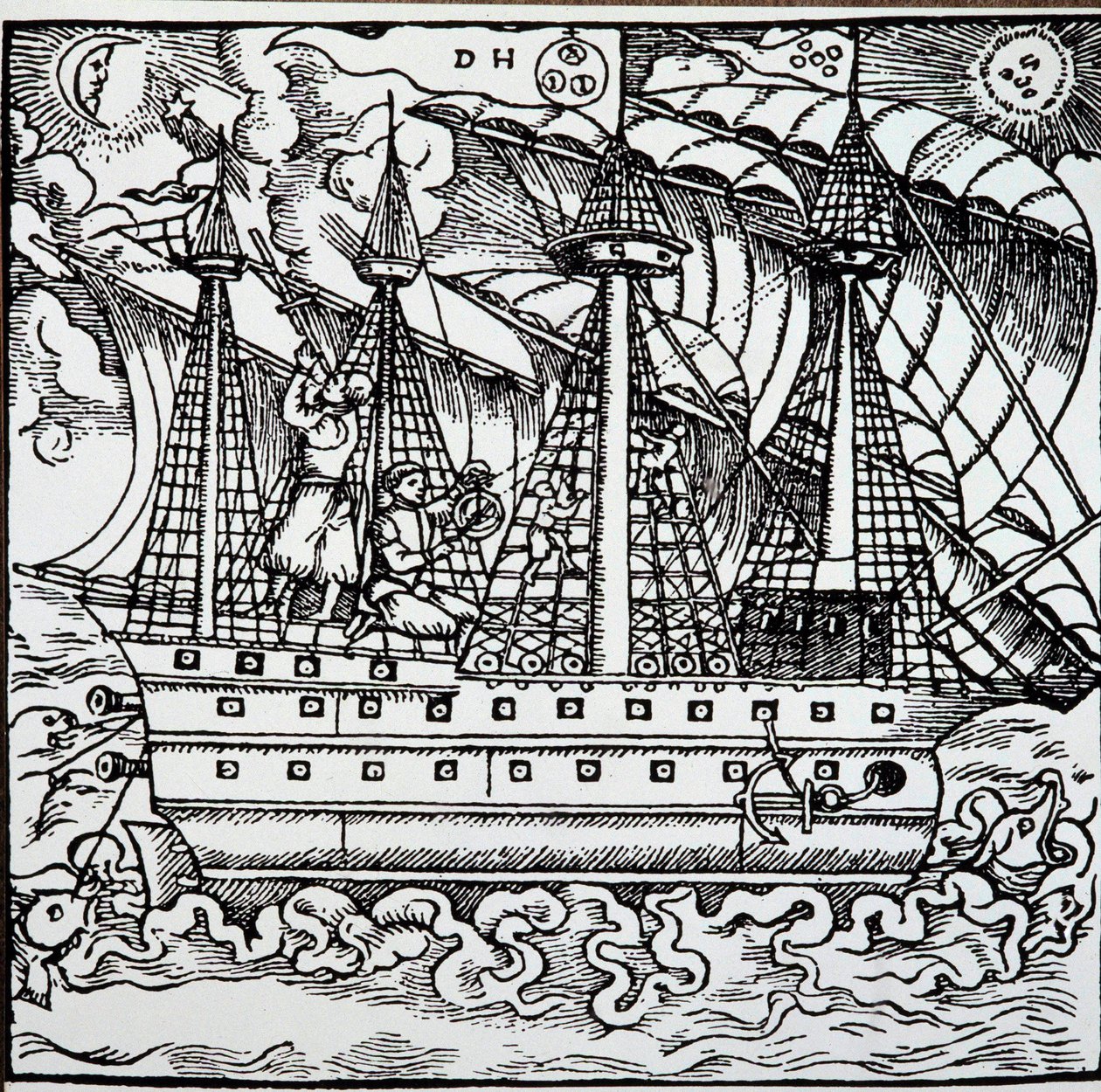 Ein Navigator auf einer portugiesischen Karavelle benutzt ein Astrolabium. Gravur aus den Reisegeschichten des deutschen Navigators Hans Staden (1525-1579) von Unknown artist