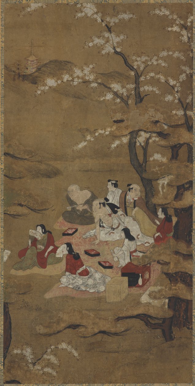 Ein Picknick: acht Personen sitzen unter blühenden Bäumen von Unknown artist