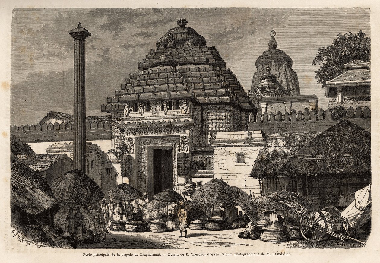 Ein beliebter Spaziergang vor dem Haupttor der Djaghernaut-Pagode (um 1200 erbaut), einer heiligen Stadt und Pilgerstätte im südlichen Bengalen. Gravur zur Illustration der Reise in die südlichen Provinzen Indiens, von Alfred Grandidier, veröffentlicht in  von Unknown artist